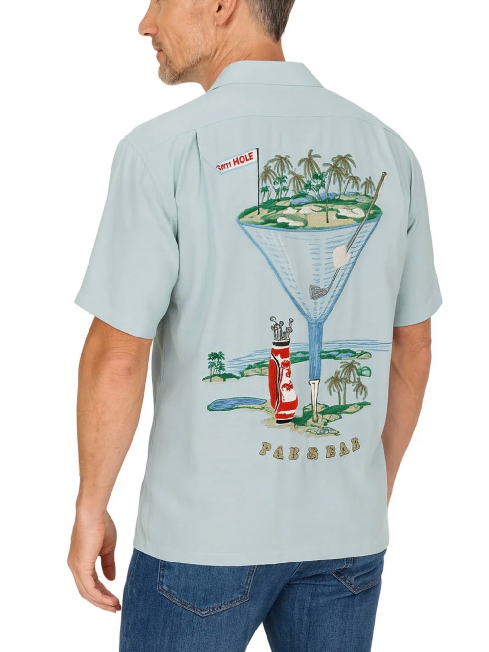 Bamboo Cay Men's Embroidered Camp Shirt in Light Blue.